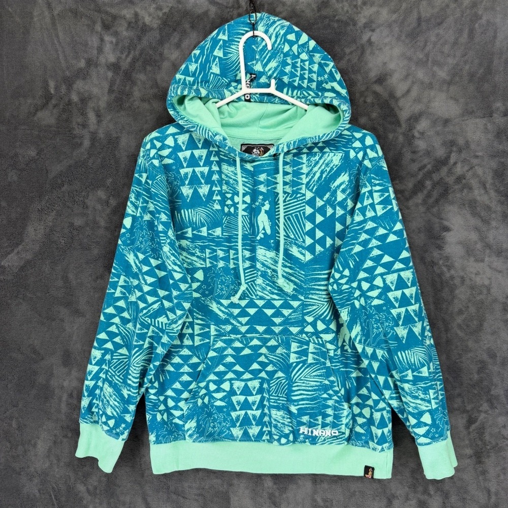 Hinano Tahiti Mens Teal Mint Green Tribal‎ Tropical Print Pullover Hoodie Medium